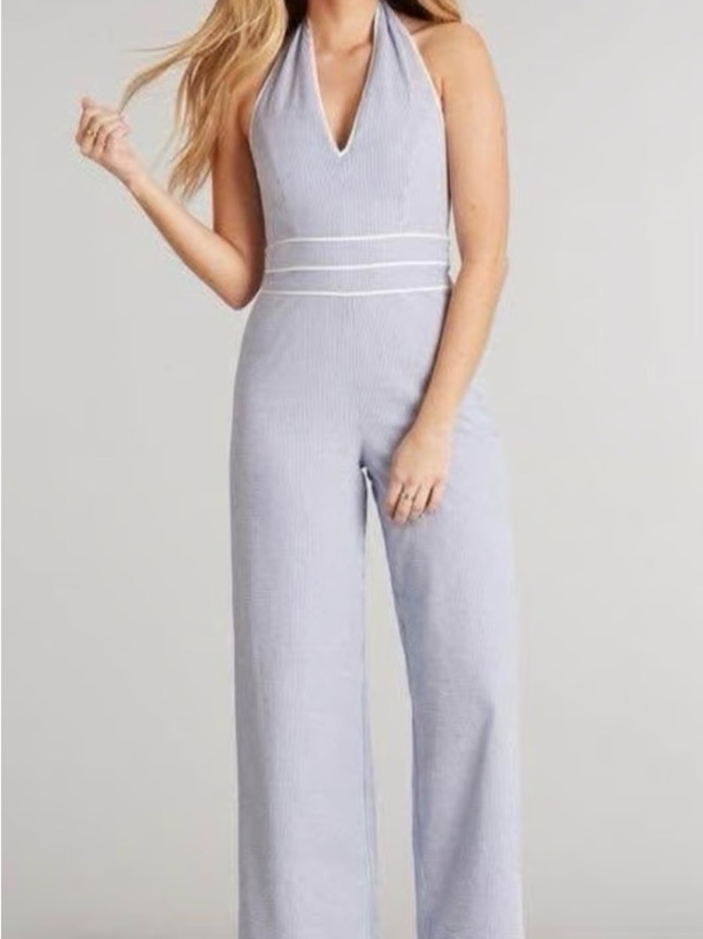 Lauren James Blue and White Striped Halter Wide-Leg Jumpsuit
